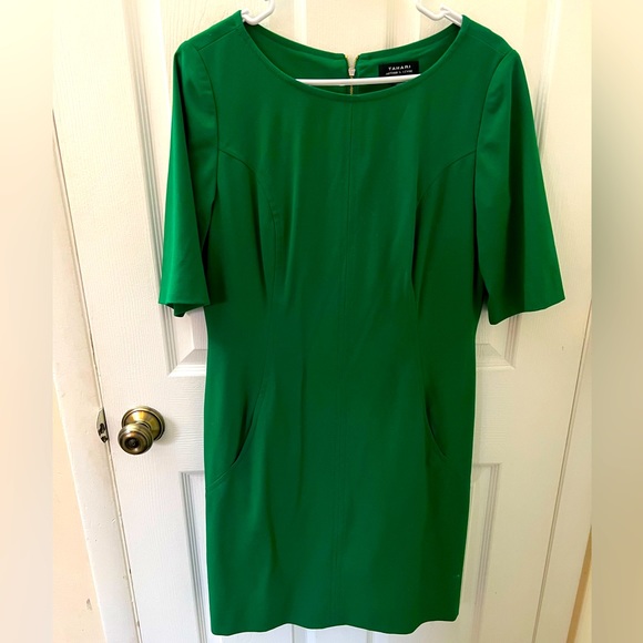 Tahari Size 12 Kelly Green Short Sleeve A-line Midi Dress w/ Pockets - Picture 2 of 9